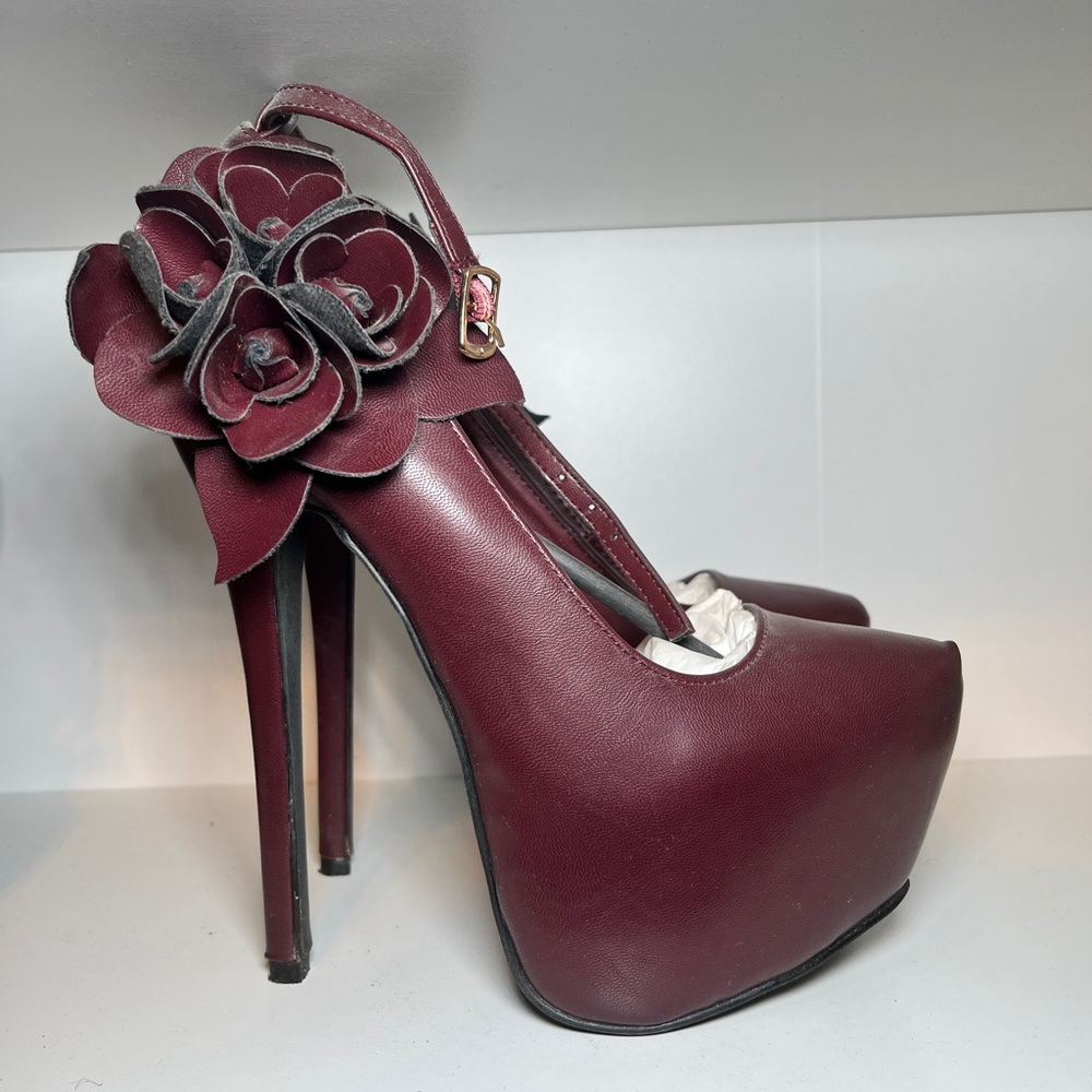 Burgundy Platform Ankle Strap Heels